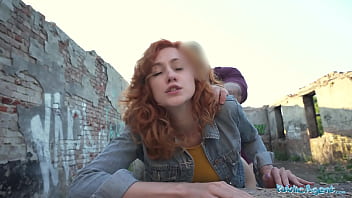 Public Agent Super-sexy red-haired waitress deep throats fuck-stick and gets boned doggy style outside in public